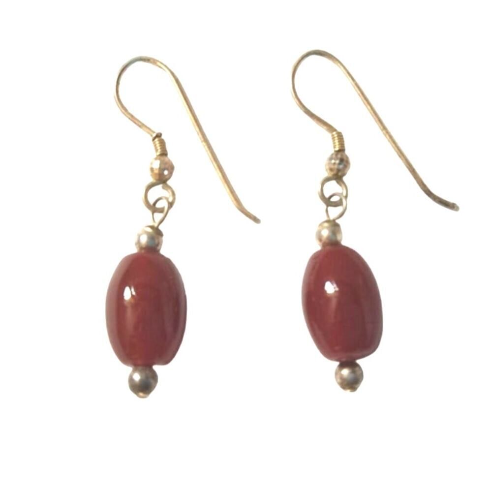 Vintage Red Jasper Bead Dangle Earrings Solid Sterling Silver 925 Hooks